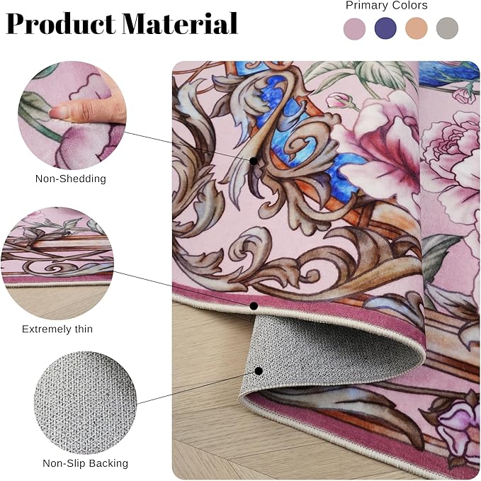 Living Room Rug 5x7 Rug Machine Washable Floral Peacock Area Rug Non Slip Floral Animal Vintage Low Pile Large Rugs for Living Room, Bedroom, Farmhouse, Dining Room, Kids Playroom (Pink)