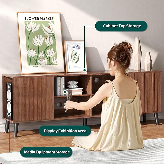 Mid-Century Modern TV-Stand - Fluted TV Stand for 80 75 65Inch TV, Entertainment Center with Storage, Media Console with Adjustable Shelves for Living Room, Walnut