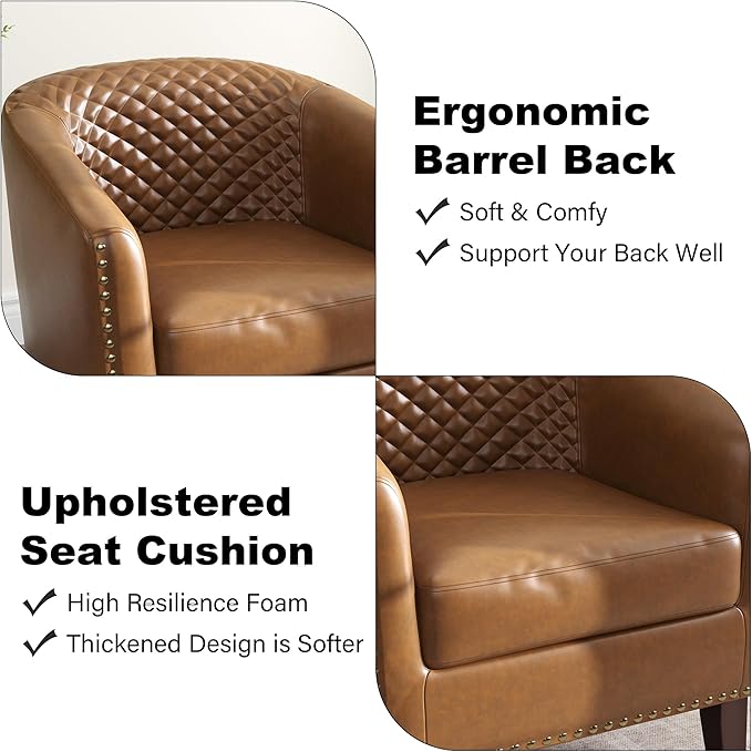 Accent Barrel Chair, Upholstered Faux Leather Club Chair with Nailed Trim, Comfy Reading Armchair for Living Room Bedroom Reception Room Office (Coffee, Set of 1)