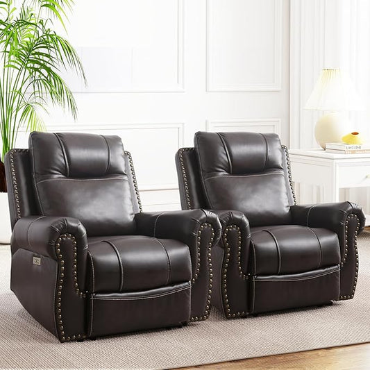 ANJ Electric Power Recliner Chair with USB Ports, Set of 2, Breathable Faux Leather Oversized Recliner with Comfortable Arms, Back and Headrest, Single Sofa for Living Room, Dark Brown