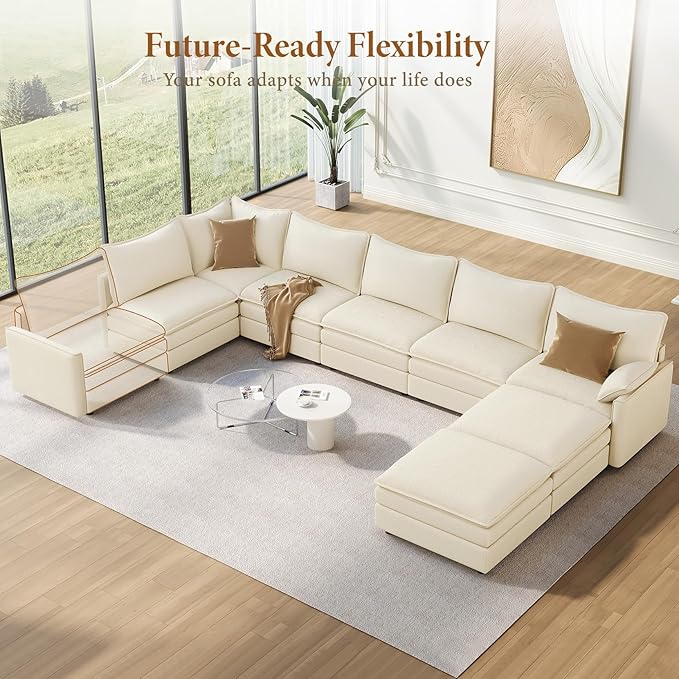 Vesgantti Large Modular Sectional Sofa, Big Comfy Cloud Couch with Ottoman Deep Seat Chenille Cloud Sofa, 8 Seater Large Sectional Couches for Living Room, Bedroom and Apartment, Beige