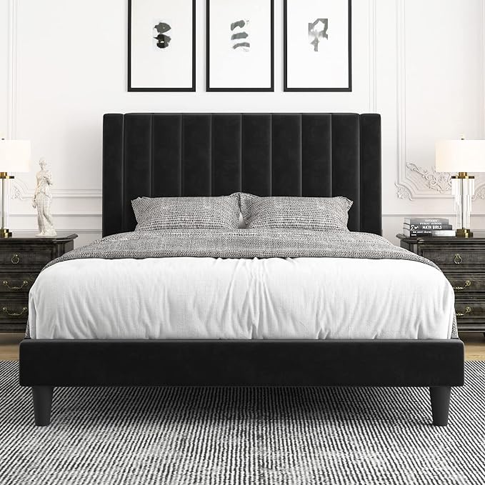 Allewie Queen Bed Frame/Velvet Upholstered Bed Frame with Vertical Channel Tufted Headboard/Strong Wooden Slats/Platform Bed Frame/Mattress Foundation/Box Spring Optional/Easy Assembly/Black