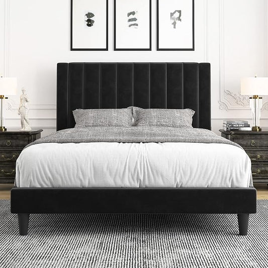 Allewie Queen Bed Frame/Velvet Upholstered Bed Frame with Vertical Channel Tufted Headboard/Strong Wooden Slats/Platform Bed Frame/Mattress Foundation/Box Spring Optional/Easy Assembly/Black
