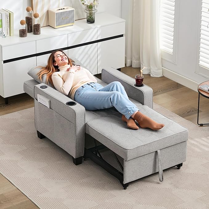 TYBOATLE Convertible Sleeper Chair Bed for Adults, 3-in-1 Pull Out Sofa Chair Bed with USB/Type-C Ports, Cup Holders, Side Pockets, Single Sofa for Living Room, Bedroom, Small Space (Grey)