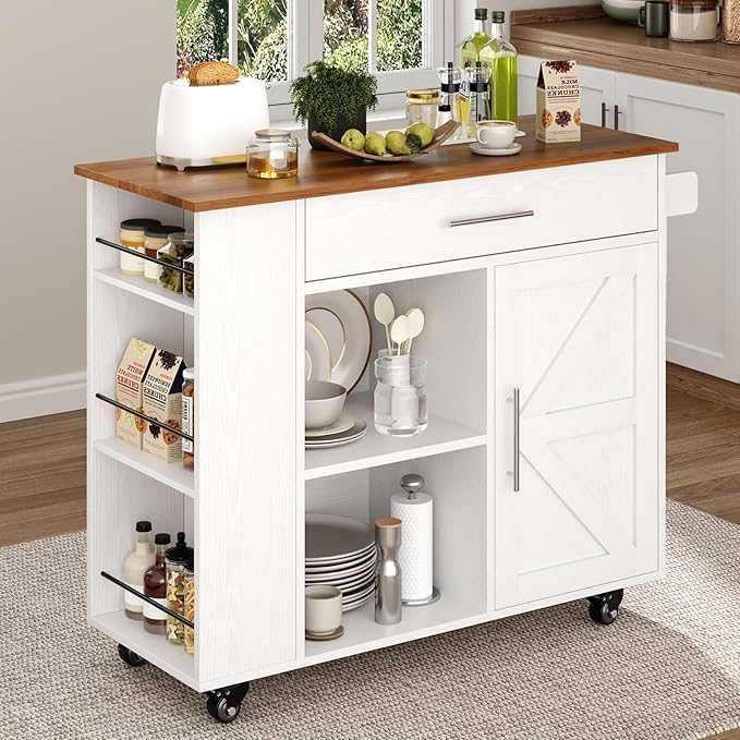 4 EVER WINNER Kitchen Island on Wheels, Kitchen Island Cart with Spice Rack & Towel Rack, Storage Cabinet & Drawer, Farmhouse Coffee Bar with Open Shelves for Dining Room,White