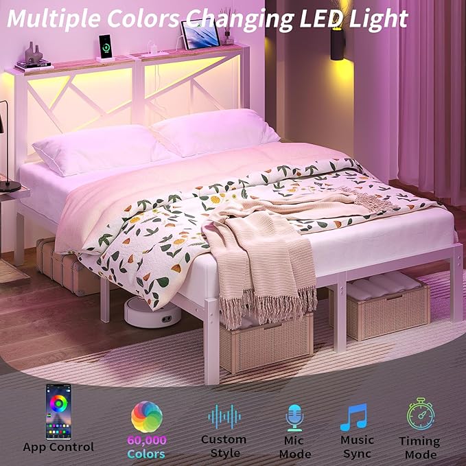 Queen White Metal Bed Frame with USB Charging Station, LED Ambient Lighting, and Wooden Storage Headboard - Includes Under-Bed Storage, No Box Spring Needed, Noise Free, Easy to Assemble