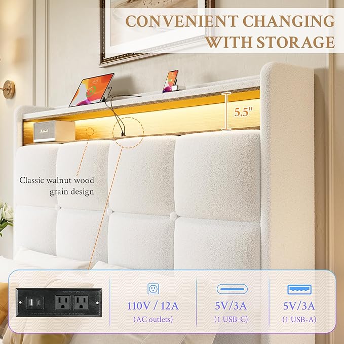 Full Size Bed Frame, 51" Tall Wingback Tufted Headboard, Teddy Fleece Upholstered Bed Frame, LED Lights & USB/Type-C Port and Double Storage Shelf, No Box Spring Needed, Easy Assembly, White