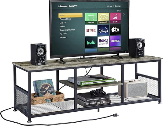 VECELO TV Stand with Power Outlets for Televisions up to 65Inch, 55" Media Entertainment Center with Charging Station 3-Tier Open Storage Shelves with Metal Frame for Living Room/Bedroom，Grey