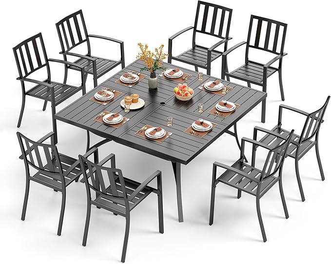PHI VILLA 9 Pieces Outdoor Dining Table Set for 8, 60” Square Metal Dining Table & Stackable Dining Chairs, Large Dining Furniture Set for Patio, Deck, Yard, Porch