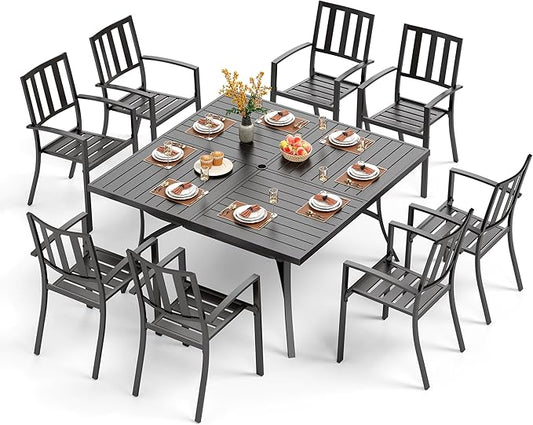 PHI VILLA 9 Pieces Outdoor Dining Table Set for 8, 60” Square Metal Dining Table & Stackable Dining Chairs, Large Dining Furniture Set for Patio, Deck, Yard, Porch