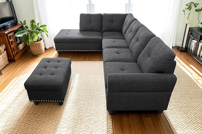 98 Inch L Shaped Sectional Sofa with Chaise Lounge, Storage Ottoman and 2 Pillows, 4-Seaters Linen Upholstered Tufted Couch w/Cupholder & Nailhead Trim for Living Room, Office, Charcoal Grey