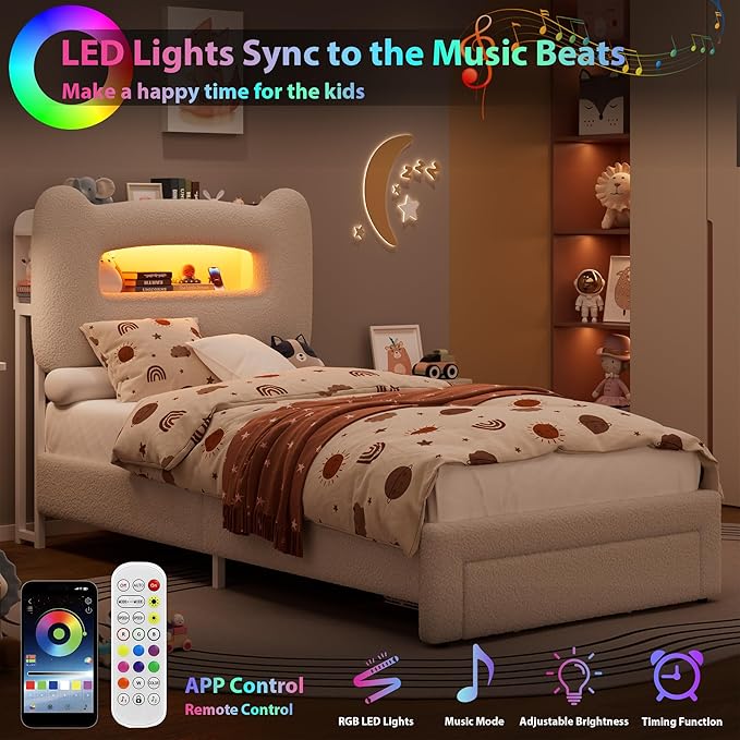 GarveeHome Upholstered Twin Bed Frame with 2-Tier Storage Headboard, LED Platform Bed with Charging Station and Drawer for Kids/Girls/Boys, Heavy Duty Metal Support, No Box Spring Needed, Beige