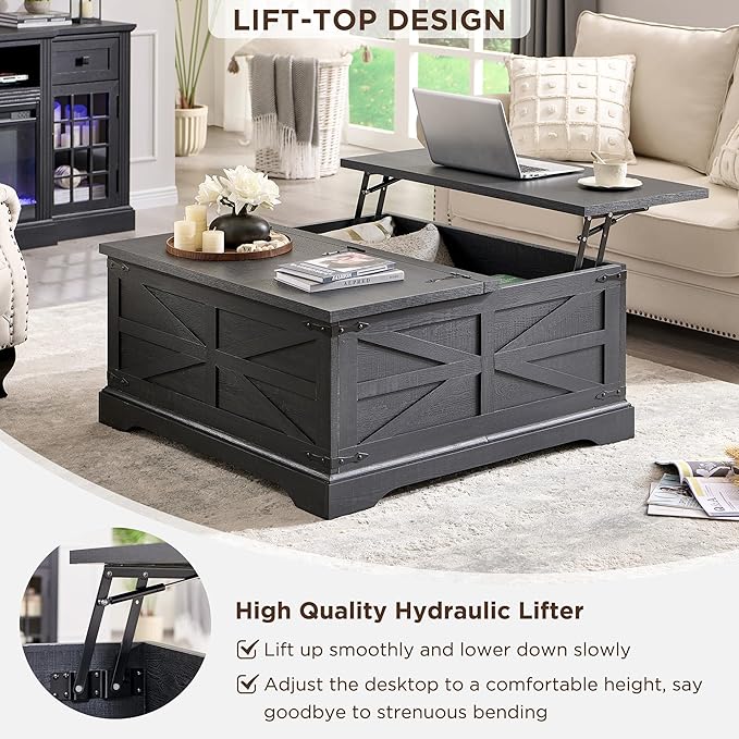JXQTLINGMU Farmhouse Lift Top Coffee Table with Storage, 36" Wood Square Center Table with Large Hidden Compartment, Rustic Lift Tabletop Dining Table for Home Living Room, Black