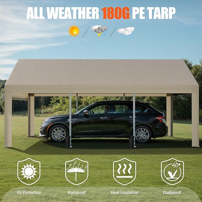 JAMFLY Carport, 12x20 ft Heavy Duty Carport with Roll-up Windows, Portable Garage with Removable Sidewalls & Doors, Car Canopy with Sandbags and All-Season Tarp for Car Boat Truck Motorcycle, Khaki