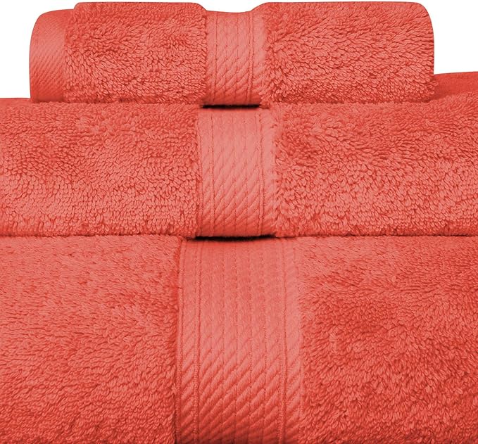 Superior Egyptian Cotton Pile 3 Piece Towel Set, Includes 1 Bath, 1 Hand, 1 Face Towel/Washcloth, Ultra Soft Luxury Towels, Thick Plush Essentials, Guest Bath, Spa, Hotel Bathroom, Coral