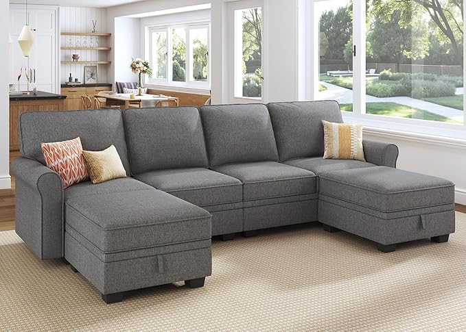 HONBAY Convertible Sectional Sofa with Storage U Shaped Sectional Couch with Reversible Chaise Small Sectional Couches for Living Room,Grey