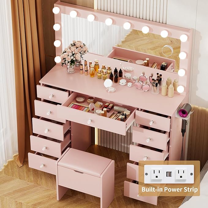 VOWNER Vanity with Lighted Mirror - Makeup Vanity Desk with 11 Drawers and Outlet, 3 Color Lighting Modes Adjustable Brightness, 46" Vanity Table with Soft Cushioned Stool for Bedroom, Pink
