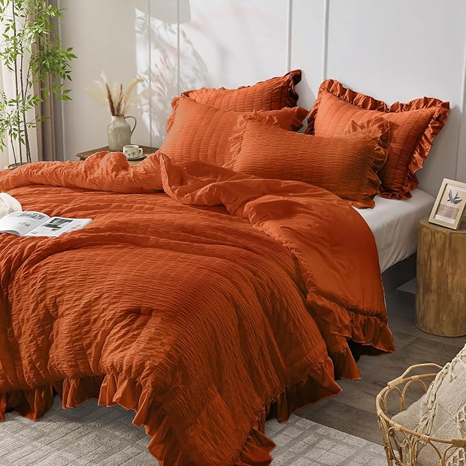 JOLLYVOGUE Burnt Orange Twin Size Comforter Set, 2 Pieces Seersucker Lightweight Fluffy Bedding Set, Twin Ruffle Comforter, All Season Soft Microfiber Shabby Chic Bed Set