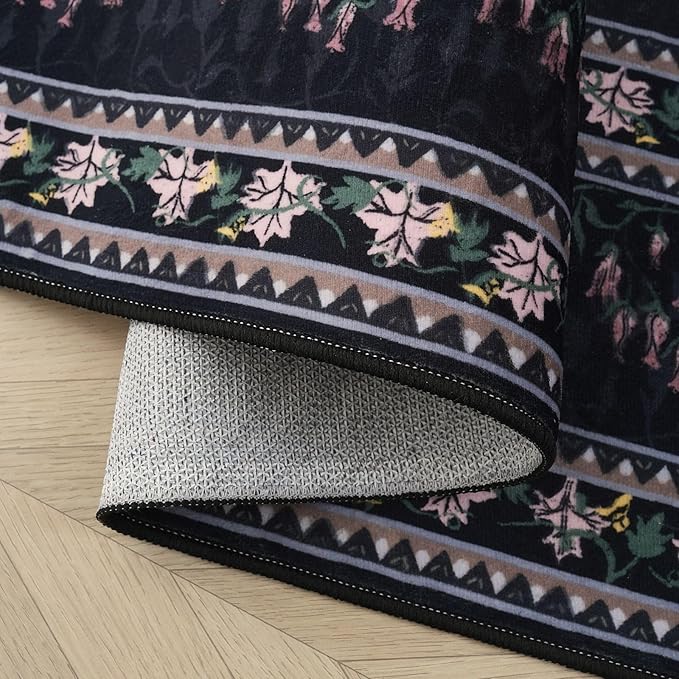 Area Rugs 8x10 Clearance Impressionist-Style Vintage Washable Area Rug Non Slip Low Pile Large Rug for Bedroom Farmhouse Dining Room Kids Playroom, Black