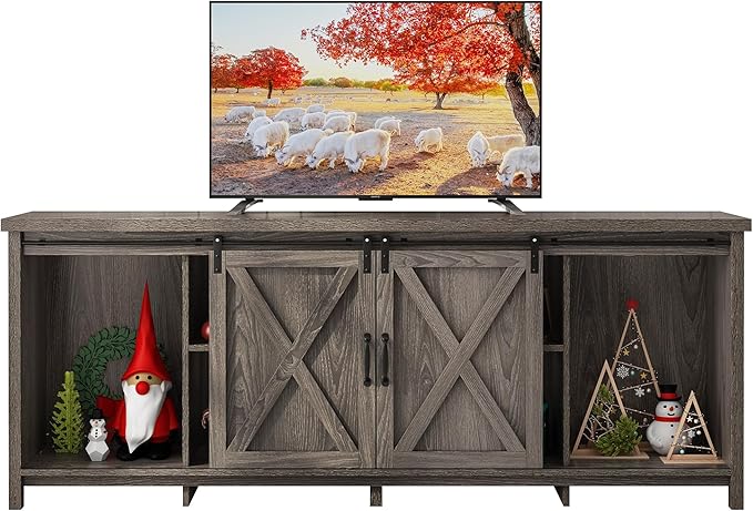 70In Farmhouse TV Stands for 70 75 80inch TV w/Adjustable Shelves,Sliding Barn Door.Rustic Wooden Entertainment Center,TV Console Grey Cabinet w/Storage for Bedroom Living Room(Dark Grey 70in)