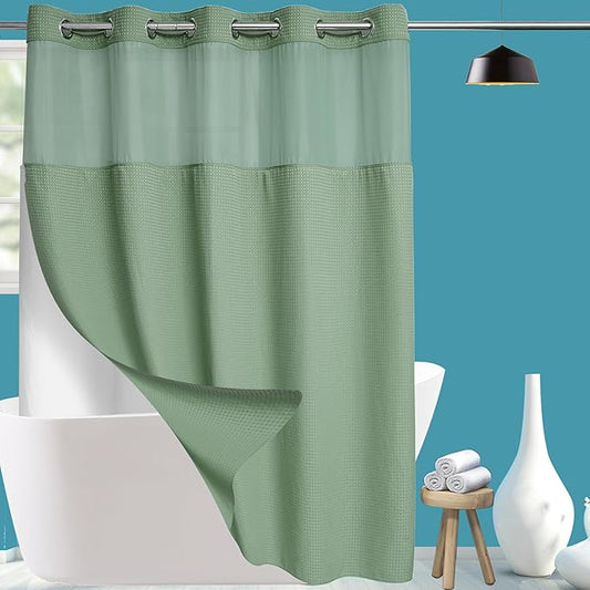 Conbo Mio No Hook Sage Green Waffle Weave Shower Curtain with Snap in Liner Set, Hotel Luxury Shower Curtains for Bathroom with See Through Top Window, Waterproof, Washable 71W x 74H