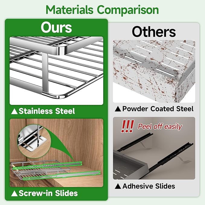 Expandable Pull Out Drawer Cabinet Organizers, Heavy Duty Slide Out Storage Shelf for Home Kitchen Pantry Cupboard Pots Pans, Adjustable Width from 17.2"~28.1", Stainless Steel 2 Pack