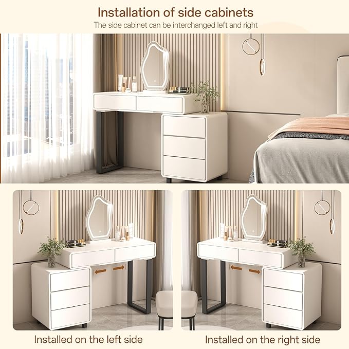 Vanity Desk with Mirror and LED Lights| Small Makeup Table with 5 Drawers and Adjustable Storage Cabinet| Modern Space-Saving Dressing Table for Bedroom(White)