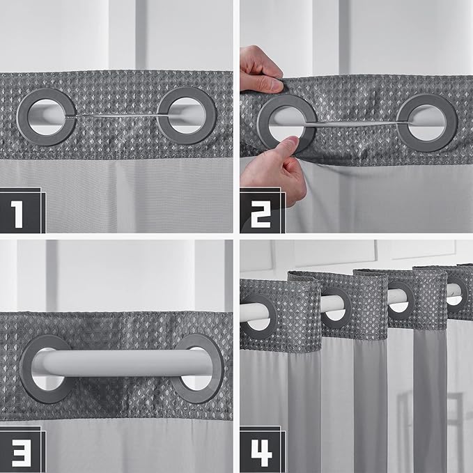 No Hook Waffle Weave Shower Curtain with Snap in Fabric Liner Set,Heavy Duty Textured Bathroom Curtain with See Through Window,Waterproof & Machine Washable,Dark Grey,54x80 Inch