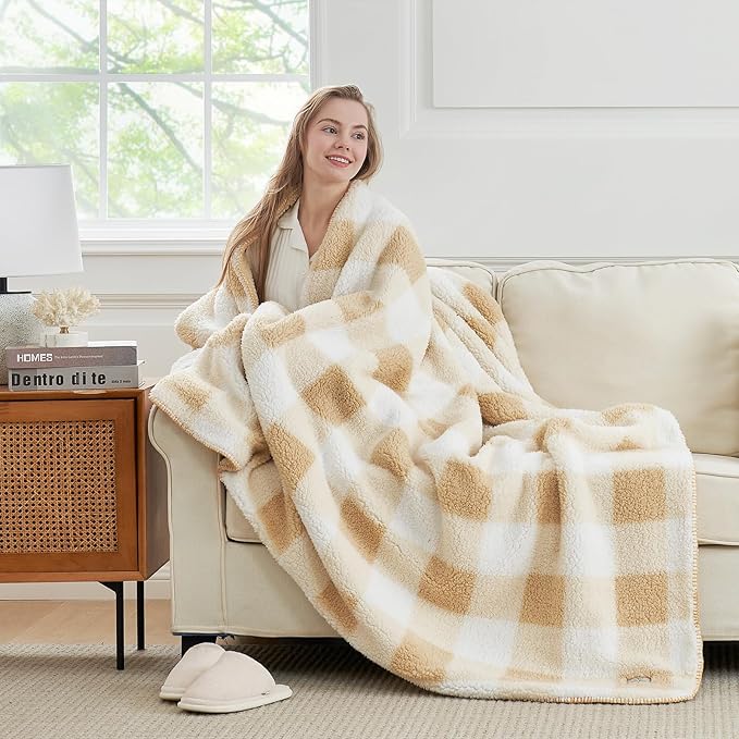 Cozy Bliss Ultra Soft Reversible Double Sherpa Sided Blanket, Buffalo Plaid Throw Blanket Fluffy Thick Warm Plush Fuzzy Blanket for Couch, Bed and Gifts (Beige, 50" x 60")