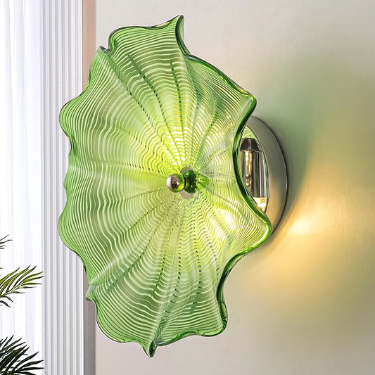 Hand Blown Glass Plate Wall Decor, Modern Unique Glass Wall Art, Lotus Leaf Wall Plate Shape Wall Sconce with Transparent and Easy to Clean for Staircase, Living Room, Kitchen, Hallway (Green-1)