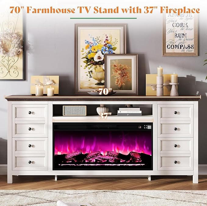 AMERLIFE 70" Farmhouse TV Stand with 37" Fireplace for 80" TVs - Dresser TV Stand w/Heater, 4 Storage Drawers, Rustic Media Entertainment Center for Living Room, Bedroom, White