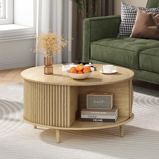 Round Coffee Table with Storage, Mid Century Modern Center Table with Sliding Cabinet Door, Fluted Dining Table for Living Room, Home Small Space, 31.5", Oak