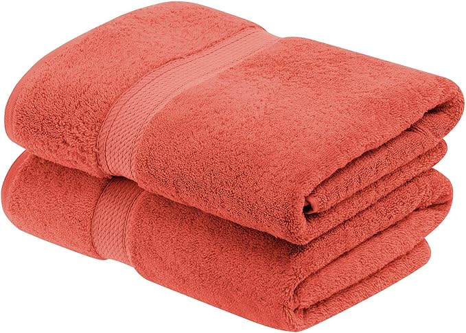 Superior Egyptian Cotton Pile Bath Towel Set of 2, Ultra Soft Luxury Towels, Thick Plush Essentials, Absorbent Heavyweight, Guest Bath, Hotel, Spa, Home Bathroom, Shower Basics, Coral