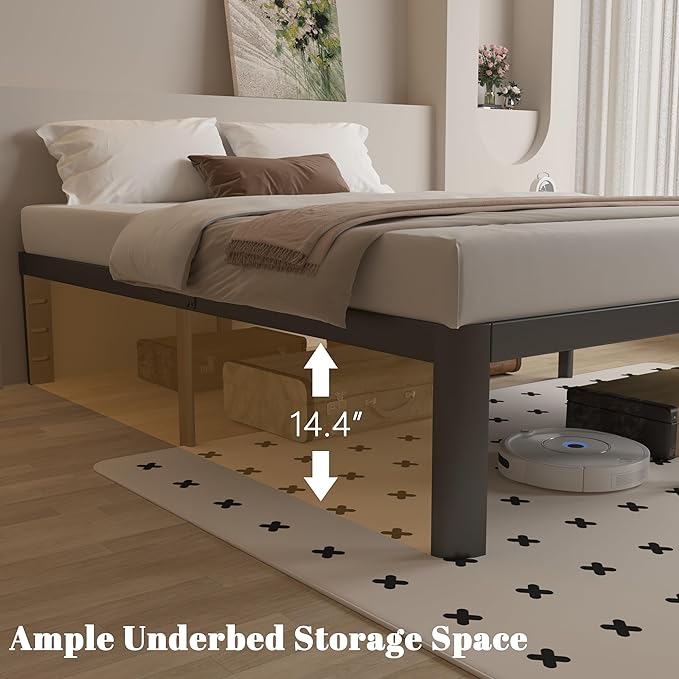 16 Inch Bed Frame Queen Size with Metal Gaskets, Black Queen Platform Bed Frame No Box Spring Needed, Heavy Duty Steel Support, Round Corner Design, Storage Space, Noiseless, Easy Assembly