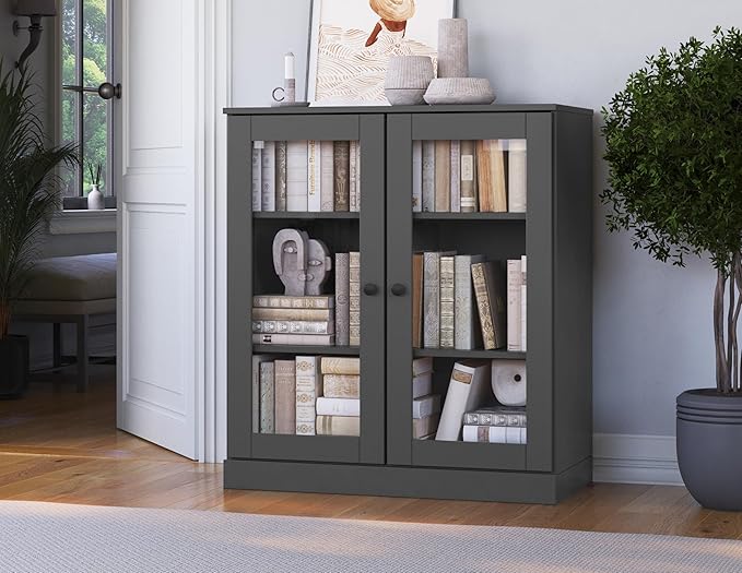 Palace Imports Solid Wood Bookcase - Floor Standing Bookshelf - 32” W - Display Furniture, Renewable 100% Eco-Friendly Wood, Made in Brazil (Gray, Clear Glass Doors | 3-Shelf Short Bookcase)