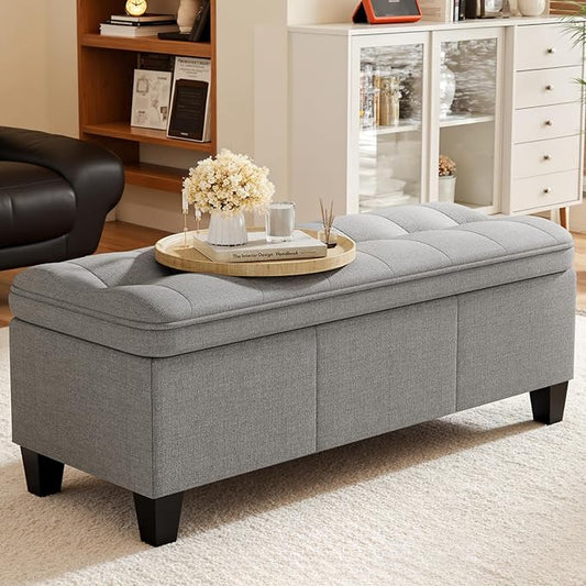 YESHOMY 47 Inches Ottoman with Storage, Storage Bench with Legs, Ottomans for Living Room, Entryway, Adjustable & Movable, Easy Assembly, Linen Fabric Light Gray