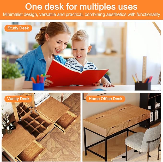 TEKAMON 47" Makeup Vanity Desk with Mirror，Girls Vanity Dressing Table for Bedroom, Home Office/Computer Desk with 2 Drawers, Study Desk with Cable Management, Natural Wood