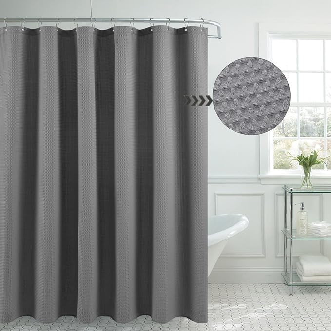 Waffle Weave Fabric Shower Curtain, Spa, Hotel Luxury, Gray Pique Pattern, 71 x 72 Inches Decorative Bathroom Curtain