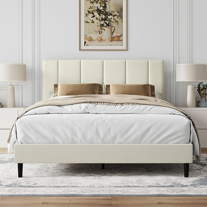 Queen Size Bed Frame, Platform Bed Frame with Velvet Upholstered Headboard, Queen Upholstered Mattress Foundation with Strong Wooden Slats, No Box Spring Needed, Noise Free, Easy Assembly