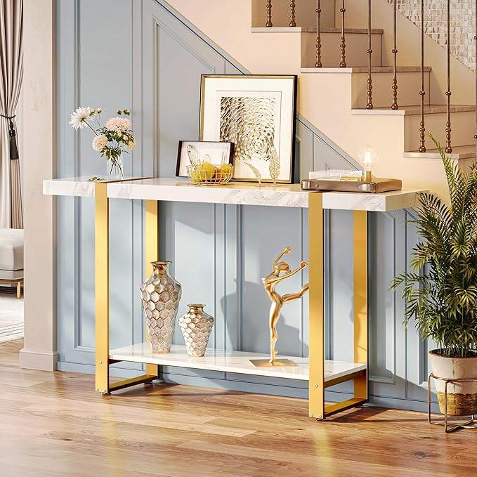 Huuger 47.2 Inch Entryway Table with Marble Top, 2-Tier Modern Console Sofa Table with Storage, Accent Table, for Entry, Hallway, Entrance, Foyer, T-Shaped Metal Frame, White Marble & Gold