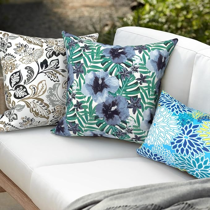 Pack of 2 Patio Throw Pillow Covers ONLY, Water Repellent Cushion Cases 20x20 Inch, Square Pillowcases for Outdoor Couch Decoration, Blue Salmone Tropical