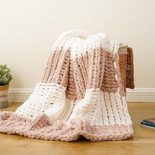 Battilo Chunky Knit Throw Blanket, Soft and Thick Chenille Throw Blanket, 50"x60" Handmade Cable Knit Crochet Blanket, Large Rope Knot Throw Blankets for Couch Sofa Bed Home Decor, Blush & White