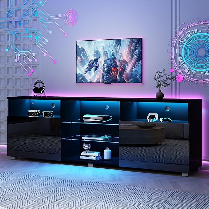 SUSSURRO LED TV Stand for 65/70 inch TV, Television Table Center Media Console with Drawer and Led Lights, High Glossy Modern Entertainment Center for Living Game Room Bedroom, Black
