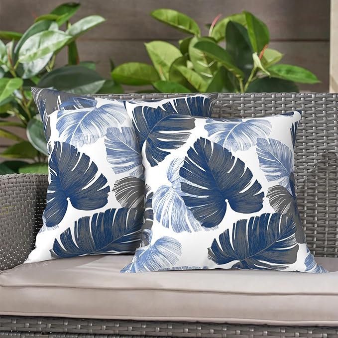 LVTXIII Outdoor Throw Pillow Covers 20 x 20 Inch, Covers ONLY Modern Cute Pattern Decorative Square Toss Pillow Case Pack of 2 for Home Patio Garden Sofa Bed Furniture, Monstera Blue