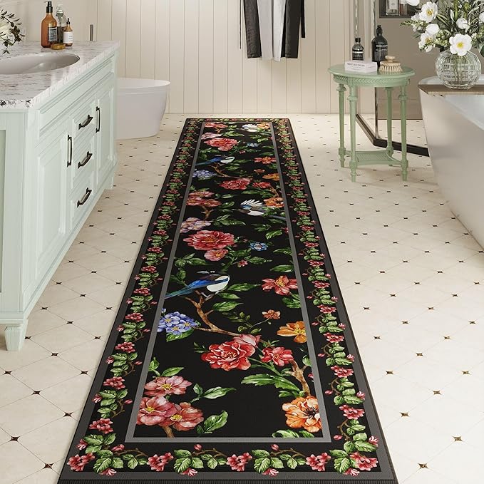 Runners for Kitchen Runner Rug 2'x10' Long Washable Rugs with Rubber Backing Non Slip Soft Floral Bird Magpies Animal Carpet Runner for Kitchen, Laundry, Bedroom, Bathroom (Black)