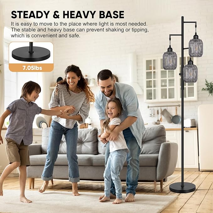 ROTTOGOON Dimmable Boho Floor Lamp - 3 Light Farmhouse Rattan Floor Lamp for Living Room, Industrial Tree Floor Lamps with 3 X 6W LED Bulbs, Rustic Standing Tall Lamp for Bedroom, 68", Black + Gray