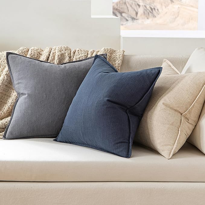 MIULEE Decorative Linen Pillow Covers 18x18 Inch Indigo Blue Boho FarmhouseNeutral Couch Throw Pillows for Bed Pack of 2 Accent Coastal Modern Pillowcase Summer Sofa Livingroom Home Decor