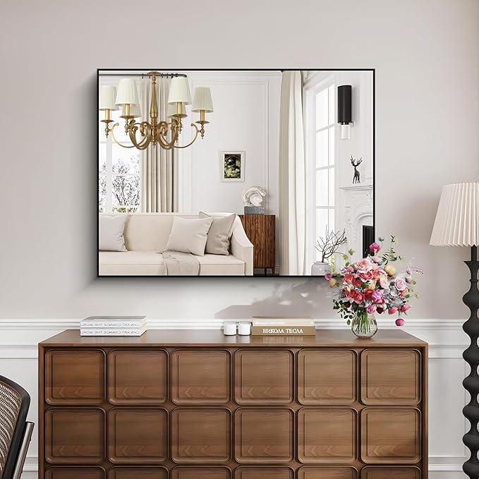 KOCUUY Bathroom Mirror Black,48x36 inch Rectangle Wall Mirror with Metal Frame, Black Vanity Mirror Modern Home Decor for Bathroom, Living Room, Farmhouse, Entryway, Hang Horizontal/Vertical