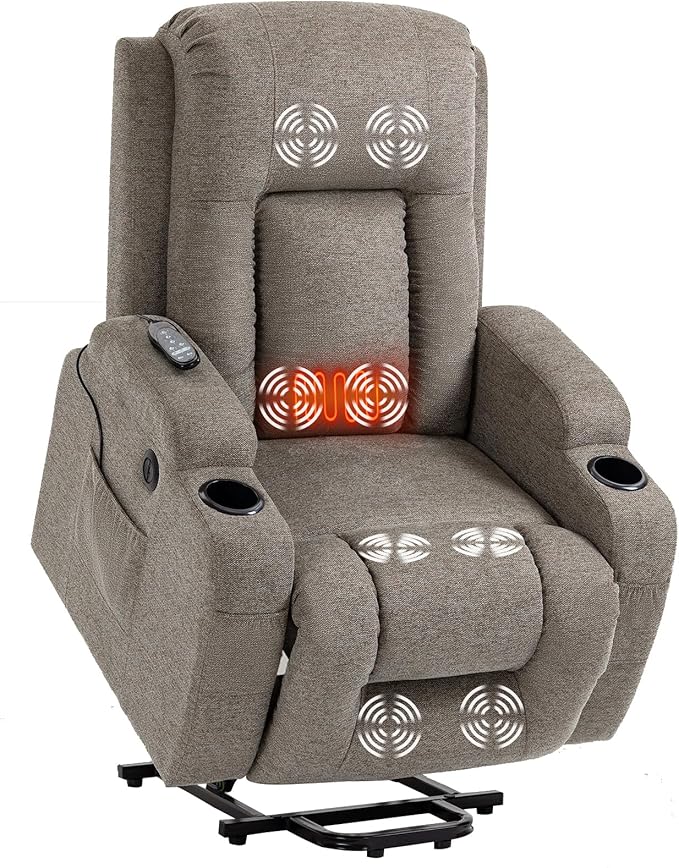 PELUMY Power Lift Recliner Chair for Elderly with Massage & Heat - Heavy Duty Electric Lift Chair, Oversized Recliner, Lay Flat, 8-Point Vibration, Lumbar Heating, USB Port, Cup Holders (Khaki)
