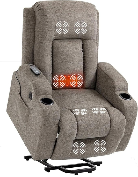 PELUMY Power Lift Recliner Chair for Elderly with Massage & Heat - Heavy Duty Electric Lift Chair, Oversized Recliner, Lay Flat, 8-Point Vibration, Lumbar Heating, USB Port, Cup Holders (Khaki)